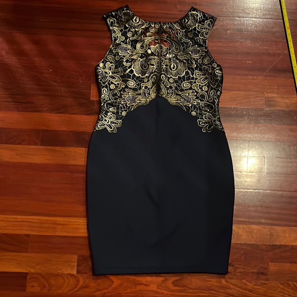 womens size 10 US lipsy dark blue and gold lace cutout bodycon dress